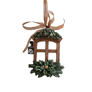 Nordic resin Christmas window ornament with pine needles, red flower and black lantern