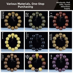 Detailed grid of 9 natural wood bead bracelets including sandalwood and agarwood styles