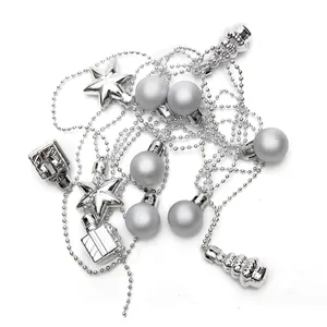 Silver Christmas beaded chain with star and bell ornaments for holiday tree decoration