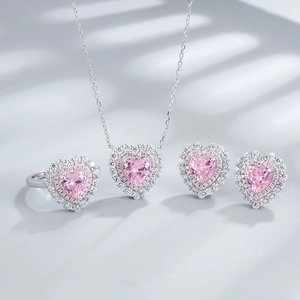 Luxury 925 sterling silver jewelry set with heart-shaped pink carbon diamonds and studs