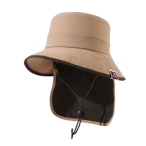 Cute khaki cartoon bear sun hat with neck protection flap and adjustable chin strap