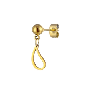 Detail view of a gold-plated stainless steel ball stud earring with hollow teardrop pendant