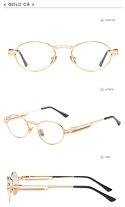Steampunk gold metal glasses frames with spring temple design shown from three angles