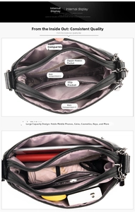 Detail of black pebbled faux leather bag with three main zip pockets and large capacity
