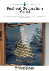 Golden Christmas tree window sticker with Merry Christmas text on glass background