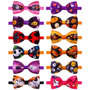 12-pack Halloween pet bow ties with ghost, pumpkin, and bat designs on white background
