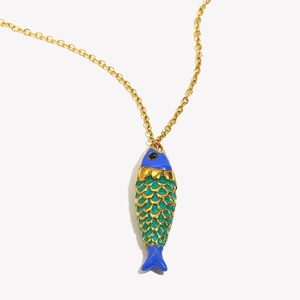 18K gold plated stainless steel necklace featuring a vibrant blue and green enamel fish pendant