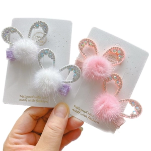 Faux mink fur hair clips with rhinestone rabbit ears in white and pink for girls