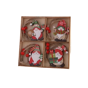 Set of four handmade wooden Christmas gnome ornaments in a display box with jute strings