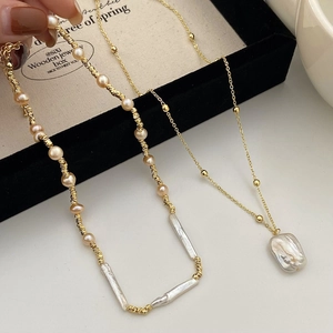 French vintage baroque pearl necklace set with gold twisted chain for women