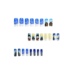 24pcs Christmas press-on nails set with snowman and pine tree patterns on white background