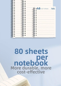 Detail of A6 lined notebook with 16 holes, 80 sheets of paper and spiral binding