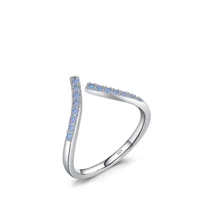 Minimalist S925 sterling silver open wave ring with micro-set blue zircon stones