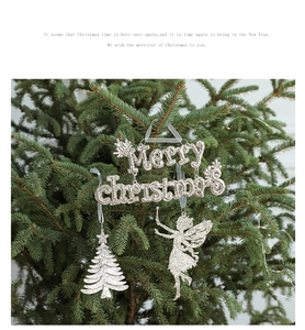 Sparkling silver glitter Merry Christmas letter ornaments with angel and tree on pine branch