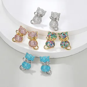 Adorable S925 sterling silver cat stud earrings with colorful zircon and micro-pave setting