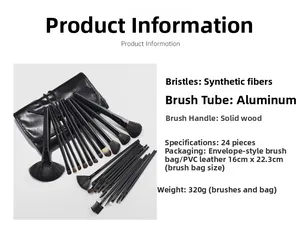 Detail of 24pcs makeup brush set featuring fiber bristles, aluminum tubes and wooden handles