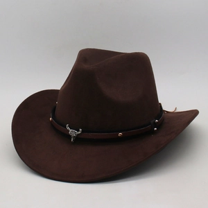 Dark brown wide brim western cowboy hat featuring suede texture and silver bull skull metal piece