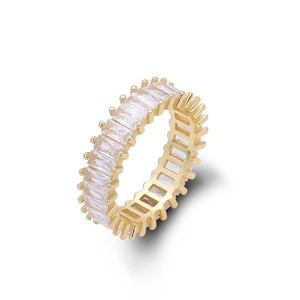 Macro detail of gold plated S925 silver ring with rectangle zircon inlay on white background