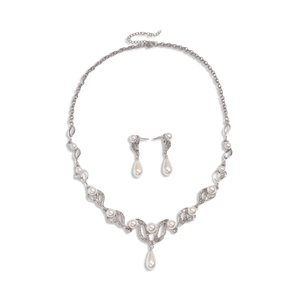 Elegant silver leaf necklace and teardrop pearl earrings set with sparkling rhinestones