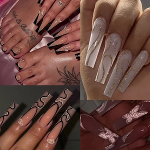 Four styles of coffin press-on nails including butterfly designs and glitter finishes