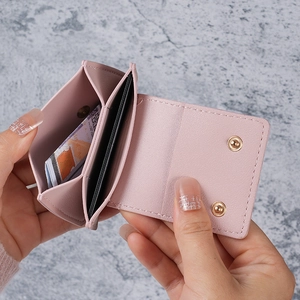Pink PU leather mini heart card holder wallet with multiple slots and dual snap closure