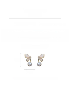 Detail of crystal butterfly earrings with pearl pendant showing dimensions 3.5cm by 1.7cm
