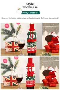Knitted Christmas wine bottle covers with reindeer and snowflake patterns for festive decor
