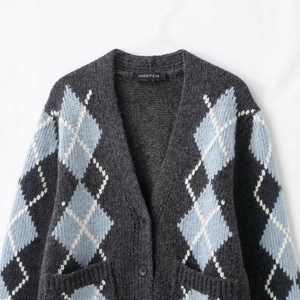 Women's V-neck argyle knit cardigan in dark grey with light blue and white patterns
