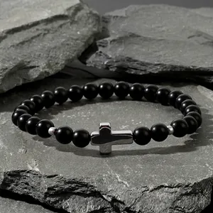 Matte Black Agate Beaded Bracelet With Silver Alloy Cross Pendant Gothic Minimalist Elastic Jewelry For Men