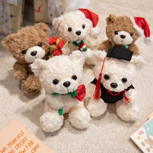 Plush teddy bears in graduation, Christmas, and rose themes with curly lamb wool texture