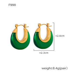 Detail showing green resin U-shaped earrings with gold trim and size measurements