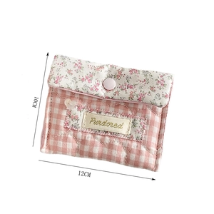 Detail view of pink plaid quilted cosmetic bag showing 12cm width and 10cm height