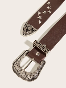 Detail of dark brown leather belt with silver star rivets and ornate floral metal buckle