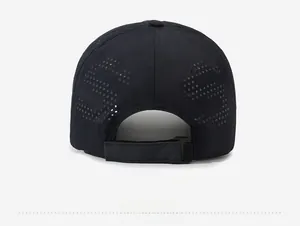 Detail view of the breathable mesh side panel and adjustable back strap of the black cap