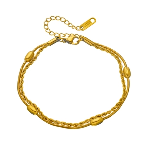 Double-layered 18K gold plated stainless steel snake and rope chain bracelet with oval beads