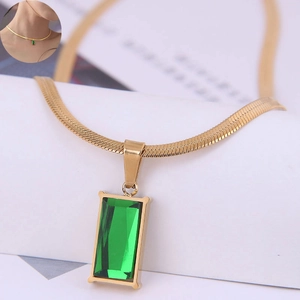 Elegant gold snake chain necklace featuring a rectangular green gemstone pendant for women