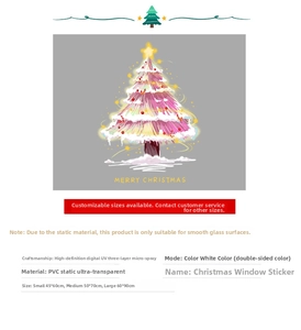 Detailed view of white and pink Christmas tree window stickers with size specifications