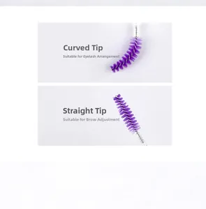 Detail of purple mascara brushes with angled and straight heads for lash and brow styling