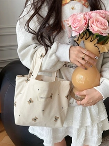 Cream corduroy handbag with cute brown bear embroidery and matching top handles