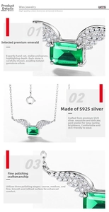 Macro view of S925 silver angel wing necklace with a rectangular emerald stone inlay