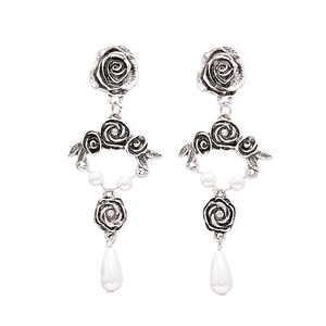 Vintage silver rose flower drop earrings with white pearls for a classic court style