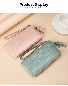 Detail of crocodile embossed long wallets with wrist straps and tassel heart charms