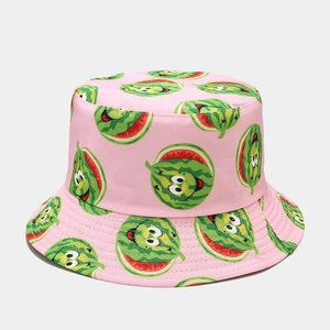 Pink canvas bucket hat with cute cartoon watermelon prints for summer sun protection