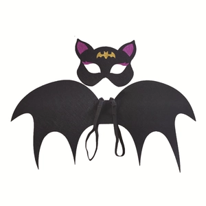 Detail of Halloween bat wing and mask set with purple sequins and gold bat patterns