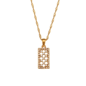 Gold stainless steel rope chain necklace with a hollow rectangular zircon pendant