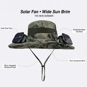 Camo solar fan hat with dual fans and 12cm wide brim for outdoor sun protection