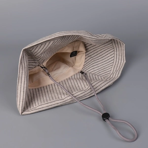 Wide brim cotton linen sun hat with grey stripes and adjustable windproof strap