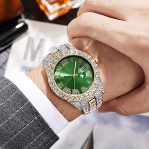 Men's Quartz Watch Iced Out Rhinestone Stainless Steel Band Calendar Roman Numerals Hiphop Luxury Fashion Wristwatch