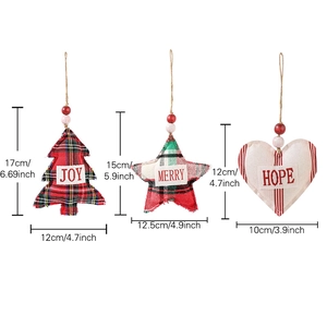 Christmas plaid fabric ornaments with Merry Joy Hope labels and size dimensions