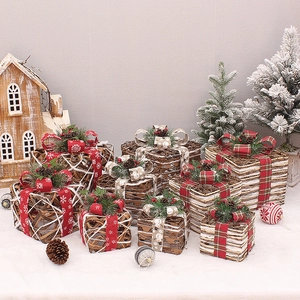 Rattan Woven Christmas Gift Boxes Rustic Iron Art Pine Needle Fabric Holiday Ornaments For Indoor Home Scene Decoration